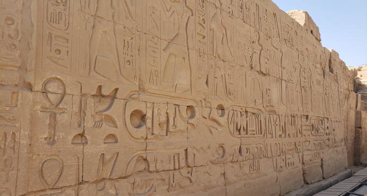 Altägyptische Hieroglyphen, die in eine Steinwand eingemeißelt sind.