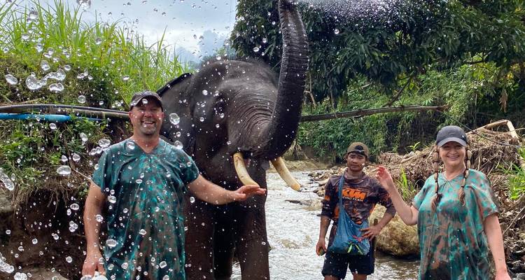 Mensen die genieten van een speelse interactie with een olifant in een rivier.