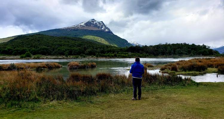 Person enjoying a view of mountains and wetlands.