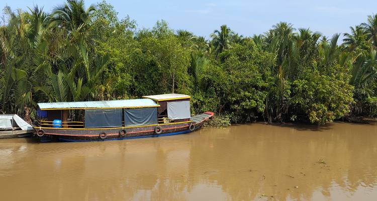 Bote de madera en un río rodeado de vegetación exuberante.