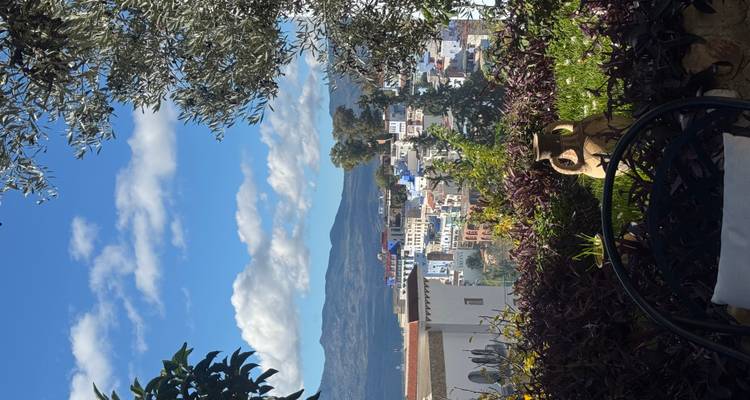 Vista panorámica de la ciudad azul con montañas al fondo.