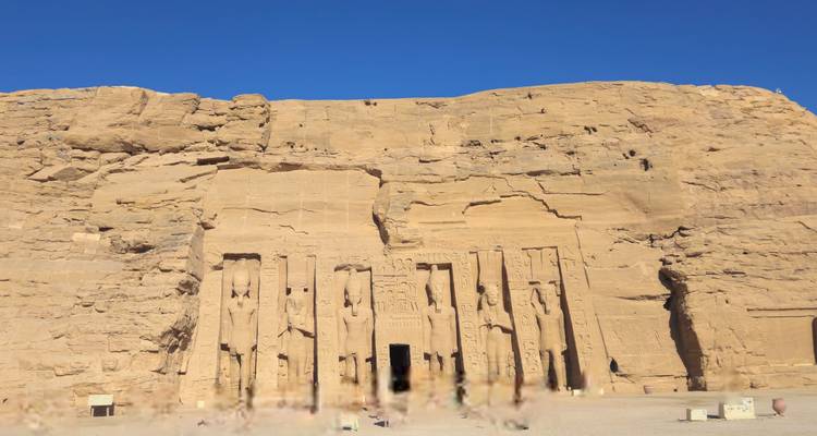 Facade of the Smaller Temple of Abu Simbel with hieroglyphics.