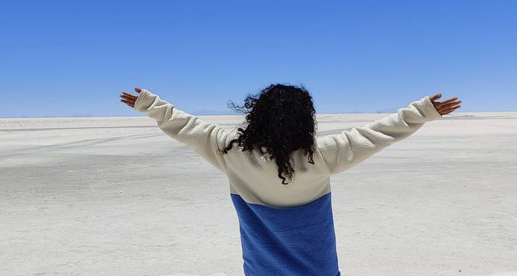 Persona disfrutando del vasto paisaje de un salar con los brazos extendidos.