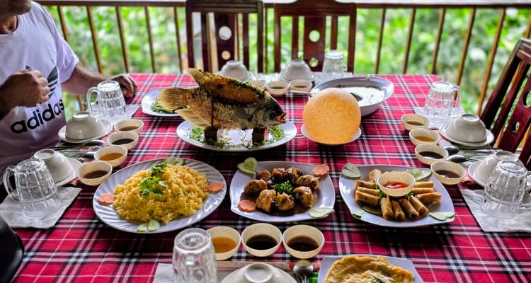 Repas vietnamien traditionnel sur une table, comprenant des plats de poisson et de riz.
