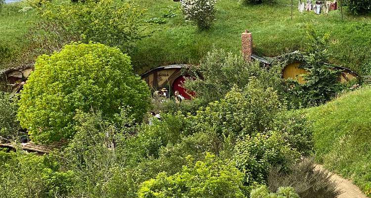Maison de type hobbit construite dans une colline entourée d'une végétation luxuriante.