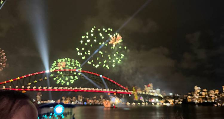 Espectáculo de fuegos artificiales sobre un puente de la ciudad por la noche.