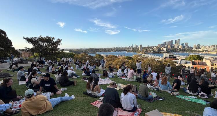Personas disfrutando un picnic con vista al horizonte urbano y la bahía.