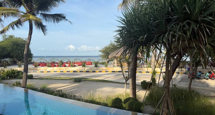 Vue d'une zone de station balnéaire avec palmiers et chaises de plage.