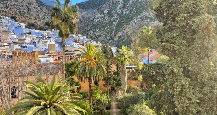 Vue de Chefchaouen avec des jardins luxuriants et des montagnes en arrière-plan.