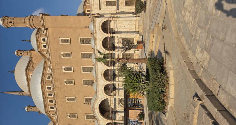 Exterior de una mezquita histórica con un cielo despejado y paisajismo mínimo.