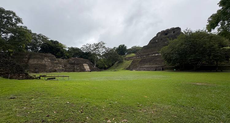 Ruinas antiguas en un área cubierta de hierba rodeada de árboles bajo cielos nublados.