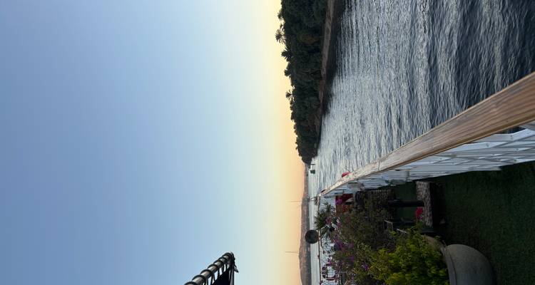 Uitzicht vanaf een cruiseschip op een rivier bij zonsondergang.