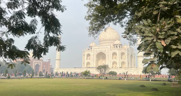 Vue de jour du Taj Mahal avec des pelouses vertes au premier plan.