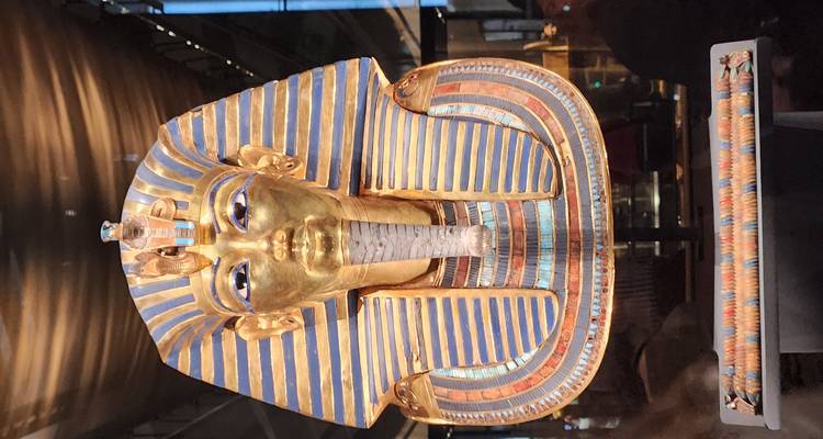 Icónica máscara funeraria dorada de Tutankamón exhibida en una vitrina de museo bajo iluminación suave.