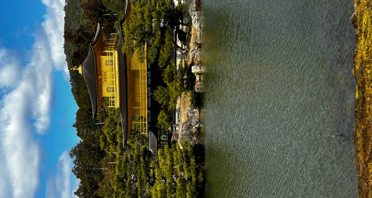Pavillon doré Kinkaku-ji reflété dans un étang serein entouré de pins verts sous un ciel bleu.