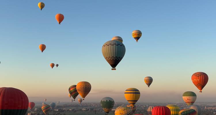 Large panorama de dizaines de montgolfières aux couleurs vives flottant au-dessus de la vallée du Nil à l'aube.