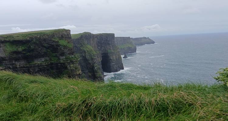 Dramatische senkrechte Klippen, die in den Atlantischen Ozean stürzen, mit windgepeitschtem Gras im Vordergrund.