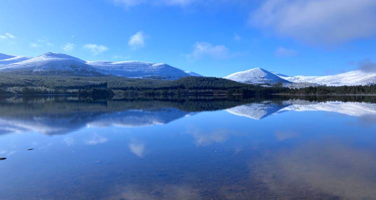 Lac cristallin reflétant parfaitement les montagnes enneigées et la forêt de conifères sous un ciel bleu éclatant.