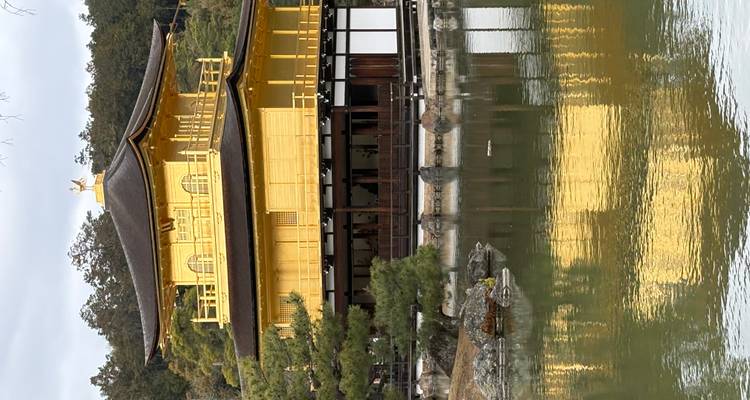 Le Pavillon d'Or (Kinkaku-ji) se reflète dans un étang tranquille entouré de pins et de collines boisées.