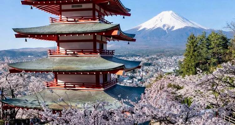 Cherry blossoms frame the red Chureito Pagoda with snow-capped Mount Fuji towering behind under blue skies.