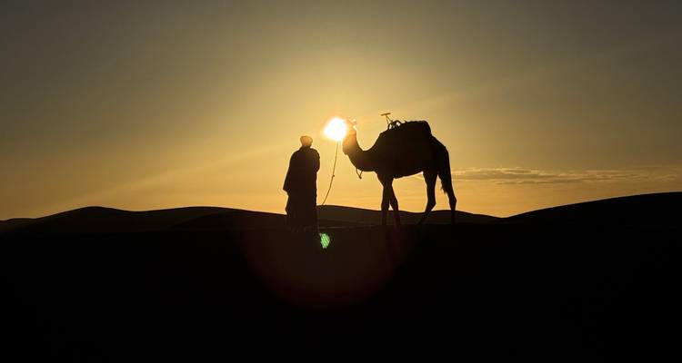 Silhouet van een kameel en zijn begeleider vastgelegd tegen de ondergaande zon op golvende woestijnruggen.