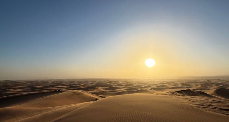 Weite Sanddünenlandschaft, die im dunsigen Sonnenaufgangslicht über der Sahara gebadet ist.