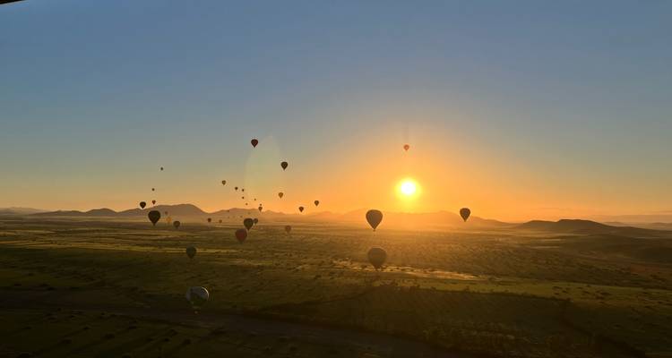 Dozens of hot-air balloons drift over a vast plain at sunrise casting long shadows