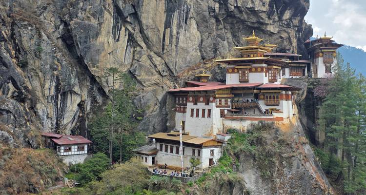 El icónico Monasterio del Nido del Tigre aferrándose dramáticamente a un acantilado escarpado rodeado de exuberante bosque.