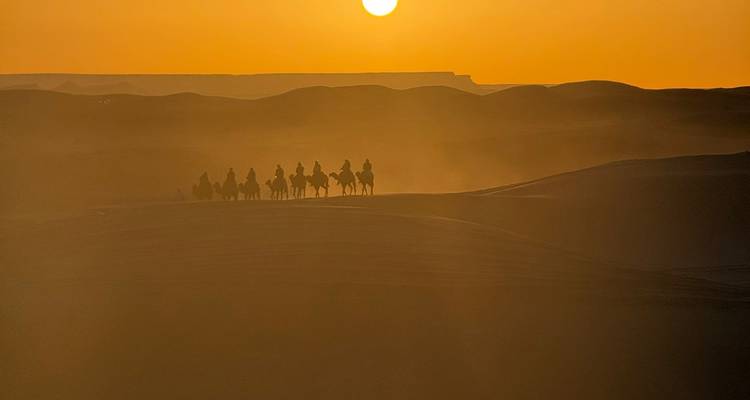 Een rij kameelruiters silhouet tegen een gloeiende oranje zonsondergang, stof dat opwervelt boven golvende woestijnduinen.