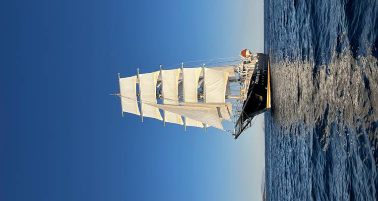 Elegantes hochmastiges Segelschiff, beleuchtet vom Morgenlicht auf ruhiger tiefblauer See