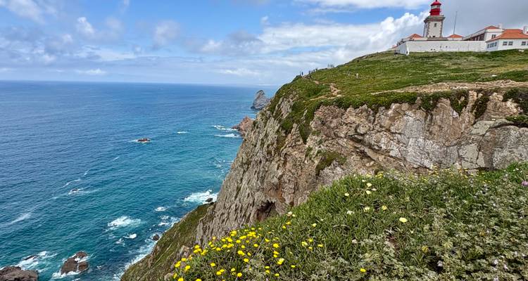 Dramatische oceaankliffen met een vuurtoren op de top bij Cabo da Roca met wilde bloemen op de voorgrond.