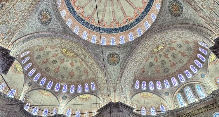 Dômes intérieurs complexes et calligraphie de la Mosquée Bleue capturés dans de riches détails