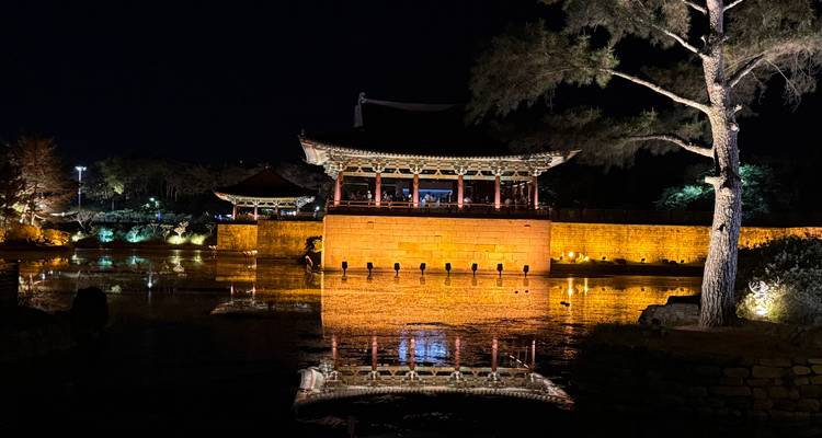 Vue nocturne du pavillon illuminé de l'étang Anapji avec des reflets sur l'eau calme