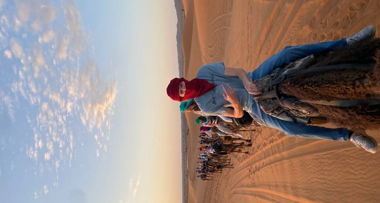 Una larga caravana de camelistas serpentea a través de dunas anaranjadas brillantes al amanecer bajo un cielo pastel.