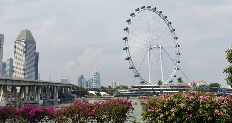 Riesenrad Singapore Flyer an der Uferpromenade mit Stadtsilhouette