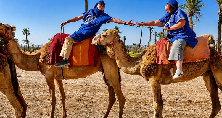 Deux voyageurs vêtus de bleu chevauchant des chameaux à travers une palmeraie désertique tendent la main pour se serrer les mains sous un ciel dégagé.