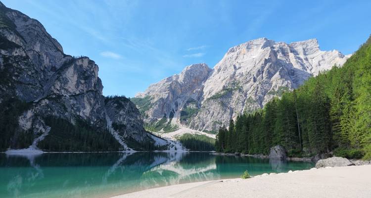 Spiegelglatte smaragdgrüne Gewässer reflektieren perfekt aufragende Dolomitenklippen und Kiefern unter einem klaren blauen Himmel.