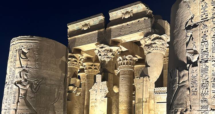 Des colonnes en grès illuminées et des bas-reliefs d'un ancien temple égyptien sous un ciel nocturne sombre.
