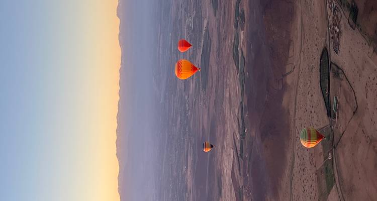 Multiple colorful hot-air balloons drift above a vast desert plain with distant mountain range at sunrise