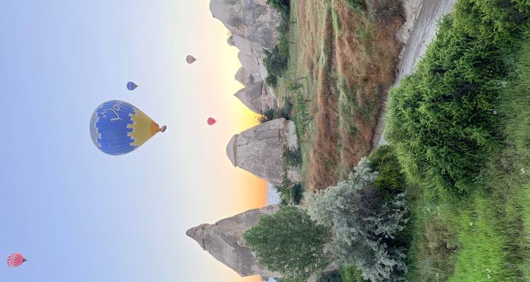 Bunte Heißluftballons schweben in der Morgenröte über feenhafte Felskegel und grüne Wiesen.
