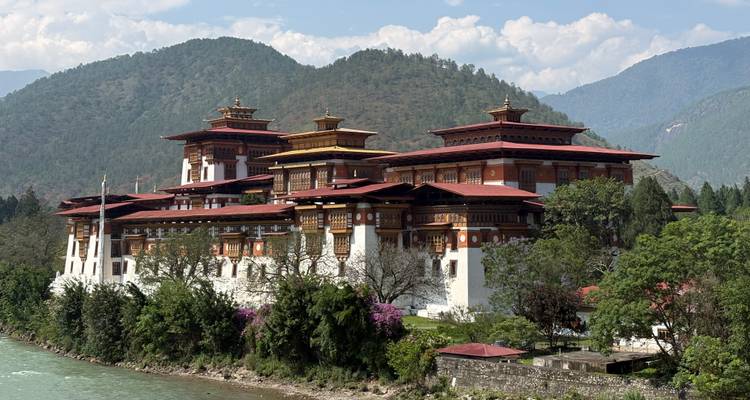 De prachtige rode daken van Punakha Dzong steken uit boven bloeiende bomen naast een glaciale rivier en beboste heuvels.