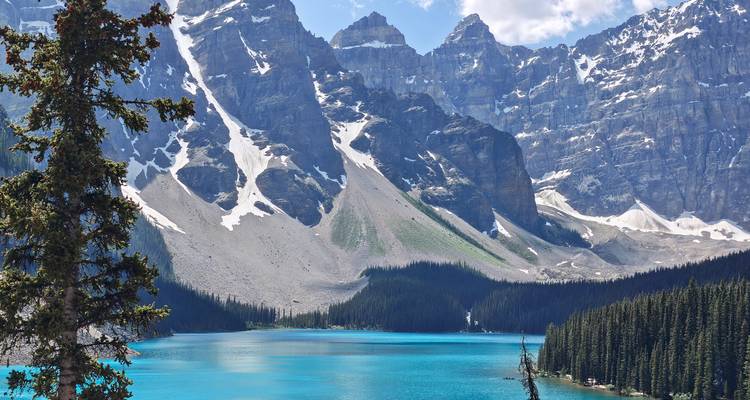 El cristalino Lago Moraine refleja picos nevados y oscuros árboles de hoja perenne bajo un cielo azul brillante.
