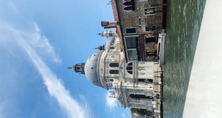 Groot barokke koepel van Santa Maria della Salute gezien vanaf het Grote Kanaal met aangemeerde boten