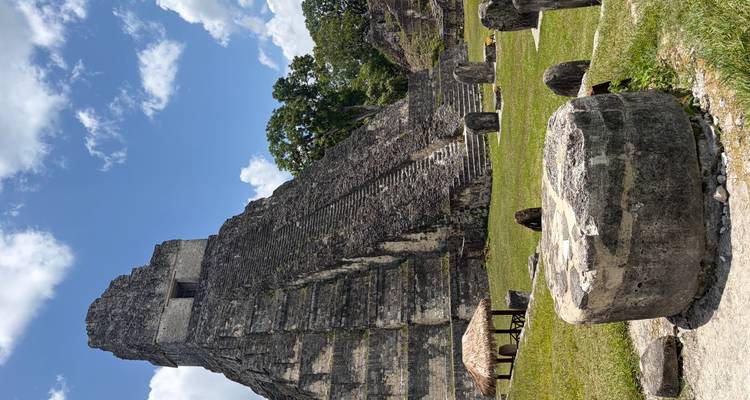 Steep pyramid temple of Tikal rising against a bright blue sky.