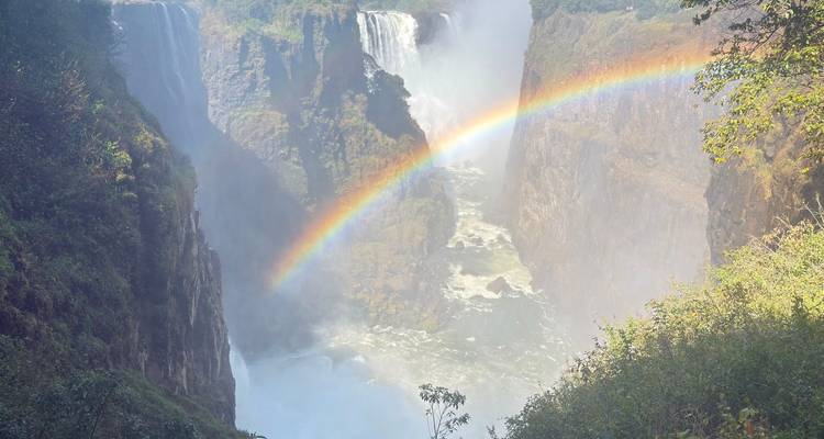 Les gorges des Chutes Victoria avec une eau puissante, de la brume et un arc-en-ciel vibrant qui s'étend au-dessus.
