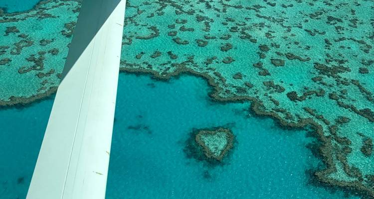 Vue aérienne par le hublot des formations de corail turquoise, y compris le célèbre récif en forme de cœur dans une eau bleu clair.