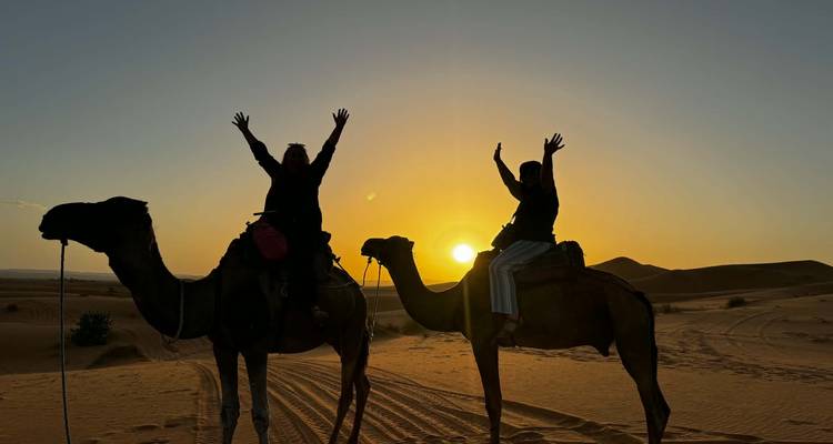 Silhouettes de deux cavaliers levant les bras sur le dos de chameaux face à un coucher de soleil doré du Sahara.