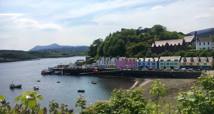 Maisons et bateaux colorés au bord d'une baie avec vue sur une colline.