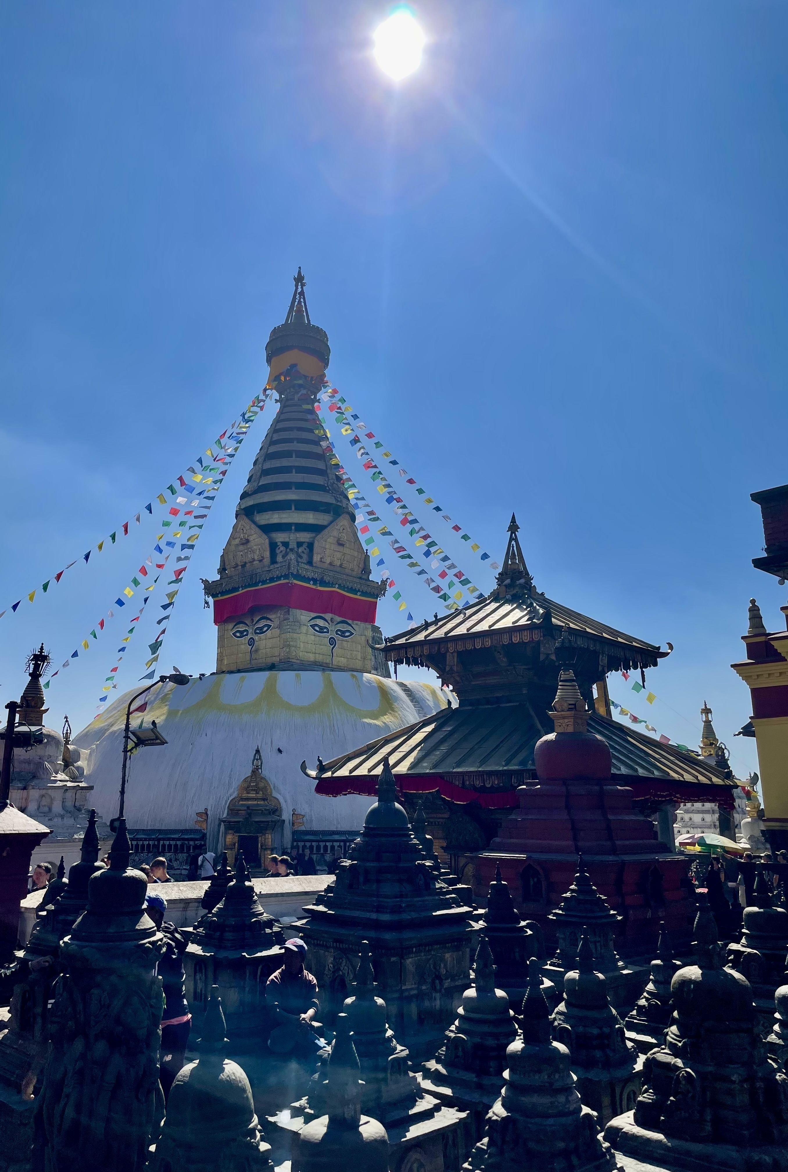 Boudhanath Stupa with prayer flags and clear blue sky.