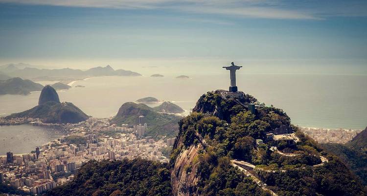 Aerial view of Rio de Janeiro with Christ the Redeemer statue.